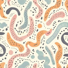 Soft pastel-toned abstract shapes with playful polka dots create a gentle, inviting pattern, perfect for children's decor or calming designs. Seamless pattern