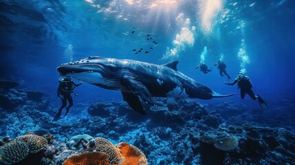 A group of scuba diving students under the surface of a coral reef in a tropical ocean with a big whale