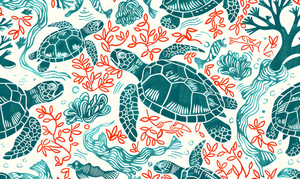 pattern of sea creatures and turtles in the style of  green on white background, Generative AI 