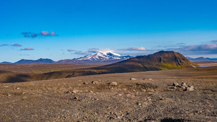 Snaefell mount and volcano in the lifeless volcanic desert in Highlands, with stones and rocks...