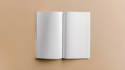 Open blank magazine on a beige background. Minimalist and clean design concept. Perfect for mock-ups and graphic designers. Simple open book, editable in post-production. AI