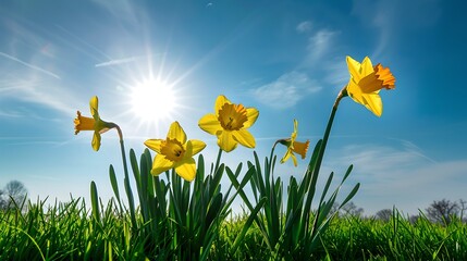 Bright Spring Day with Vibrant Yellow Daffodils against Blue Sky, Sun Shining with Flare. Perfect for Backgrounds. AI