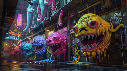 Fototapeta premium Surreal Urban Night with Grotesque Monster Parade