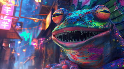 Fototapeta premium Vibrant Neon Chameleon in Cyberpunk Cityscape