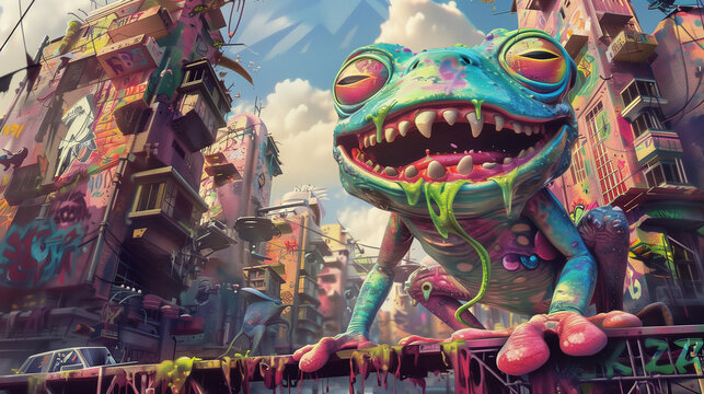 Vibrant Graffiti Chameleon in Urban Jungle