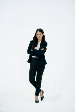 Asian businesswoman smile and action cross arm portrait on isolate white background