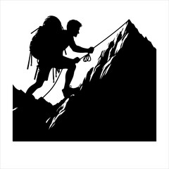 A man climbing a mountain vector. Mountain climb icon. Hiking icon symbol. Mountain climb vector illustration on an isolated background