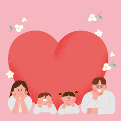 An illustration of a family of four with a chin on their hands and a big heart