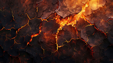 Close-up of cracked earth emitting a fiery glow, impressionistic, - obrazy, fototapety, plakaty