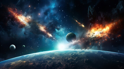 View from space of planet Earth, galaxies, stars, comet, asteroid, meteorite, Saturn. panorama of the universe