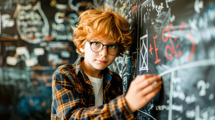 Young student with glasses writing on a blackboard filled with mathematical equations and drawings, looking curious and focused. - obrazy, fototapety, plakaty