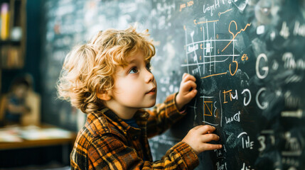 Young boy with curly hair writing on a blackboard filled with mathematical equations, looking...