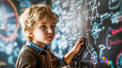 Young boy studying complex math and science equations on a blackboard, appearing thoughtful and focused. - obrazy, fototapety, plakaty