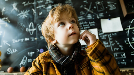 Young boy in a thoughtful pose in front of a chalkboard filled with mathematical equations and diagrams. - obrazy, fototapety, plakaty
