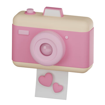 3D rendering of minimal pink instant camera icon, a freshly printed photo featuring heart shapes, perfect for capturing love moments, transparent background.