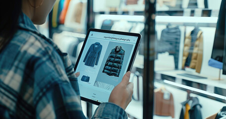 A person holding an iPad, showcasing the online store on its screen with various items displayed in detail. The scene is set indoors and features a white background that highlights both hands carrying