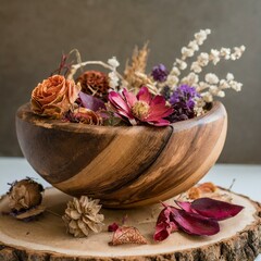 still life with flowers.and charming house decoration piece incorporating a handcrafted wooden bowl filled with potpourri and adorned with dried flowers. The composition should evoke a sense of warmth