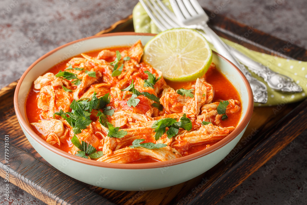 Wall mural mexican baked shredded chicken and tomato salsa close-up in a bowl on a wooden board. horizontal