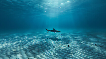 A lone shark in the ocean depths, rays of light playing in the water, an underwater scene. 