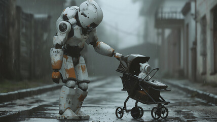 Obraz premium A white robot parent accompanies a baby in a stroller through city streets on an overcast day, combining technology and humanity in a futuristic cityscape.