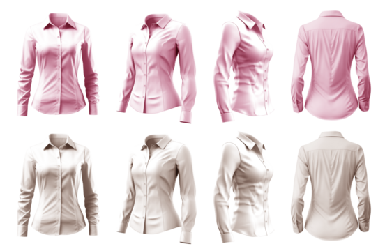 2 Set of woman pastel light pink beige button up long sleeve collar slim fitting shirt front, back side view on transparent background cutout, PNG file. Mockup template for artwork graphic design - Powered by Adobe