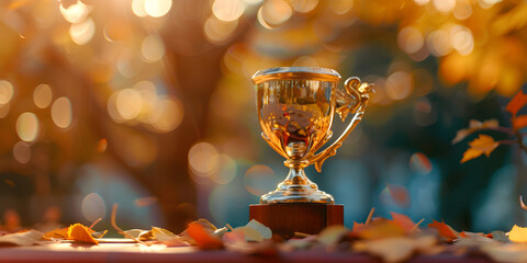 Golden trophy cup with confetti on a bokeh light background, Champion golden trophy placed on wooden table
