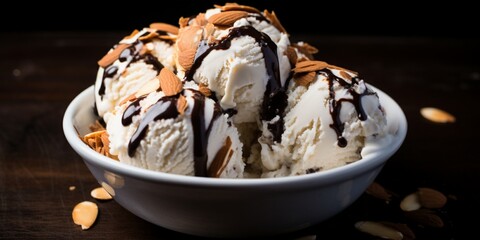  A scoop of decadent chocolate brownie fudge ice cream with chunks of brownie and swirls of fudge sauce.