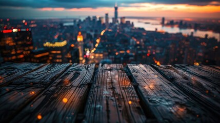 City skyline at sunset with wooden terrace and bokeh lights - obrazy, fototapety, plakaty