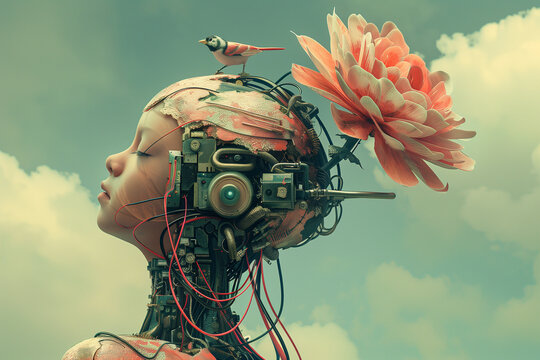 Whimsical Tech Nature .Flower-headed robotic person plugged into a computer, with a singing robotic bird. Whimsical technology and nature blend
