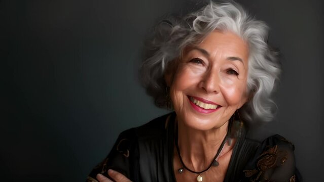 Smiling elderly woman on a dark background