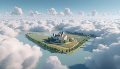 Aerial view of the castle in the clouds. 3d rendering. Generative AI