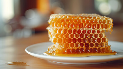  Fresh honeycomb pieces on a plate with honey dripping. - obrazy, fototapety, plakaty