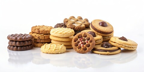 Group of assorted cookies on white background. Chocolate chip, oatmeal raisin, white chocolate. AI generated