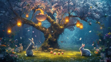 Fototapeta na wymiar A rabbit is peacefully resting under a cherry blossom tree in a natural landscape at night, creating a serene and picturesque scene reminiscent of a painting AIG42E