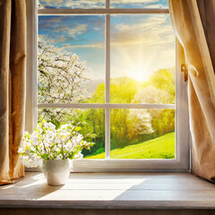 Fototapeta na wymiar 햇살이 들어오는 푸른 숲이 보이는 창문과 꽃