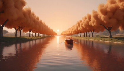 Autumn landscape with a boat and trees in the water. 3d render. Generative AI