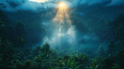 Smoke from breakfast at Sunrise in Base Camp in Indonesian Jungle - Gunung Leuser National Park. - obrazy, fototapety, plakaty