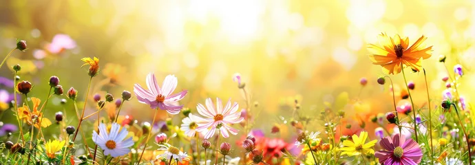  Colorful spring flowers in the meadow with a sunlight background © Kien