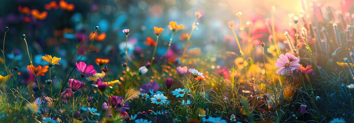 Colorful spring flowers in the meadow with a sunlight background
