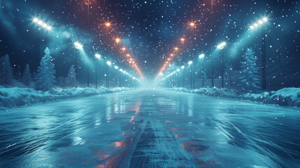Snow and ice background.Empty ice rink illuminated by spotlights.