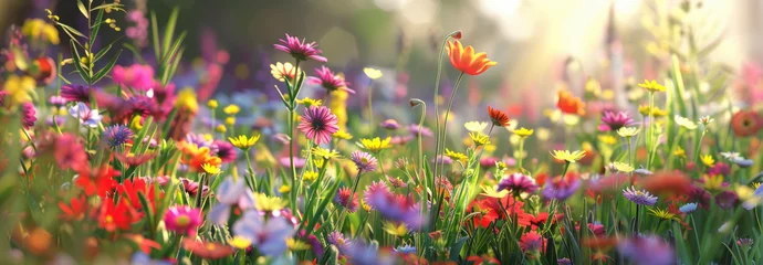 Fototapeten Colorful spring flowers in the meadow with a sunlight background © Kien