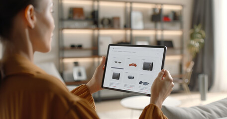 A person holding an iPad, showcasing the online store on its screen with various items displayed in detail. The scene is set indoors and features a white background that highlights both hands carrying