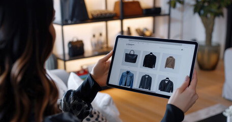 A person holding an iPad, showcasing the online store on its screen with various items displayed in detail. The scene is set indoors and features a white background that highlights both hands carrying - Powered by Adobe