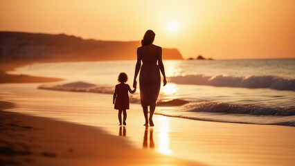 Mom and little child walk along the edge of the sea during sunset