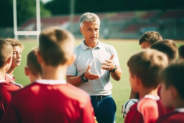 Experienced rugby coach conducts training for junior athletes at the stadium