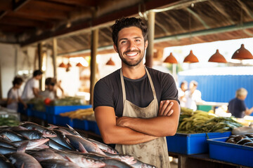 An attractive male fisherman at a fish stall in the market