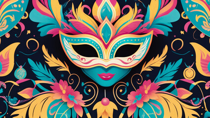 Vibrant Carnival Mask Illustration With Floral and Feather Motifs on Dark Background