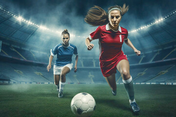 Two female soccer players run after the ball during a match at the stadium