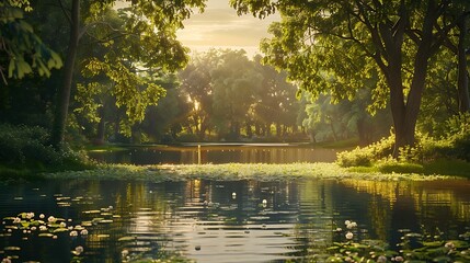 Nature's symphony plays out in a vibrant park setting, with a shimmering lake nestled amidst lush greenery and bathed in the golden light of summer
