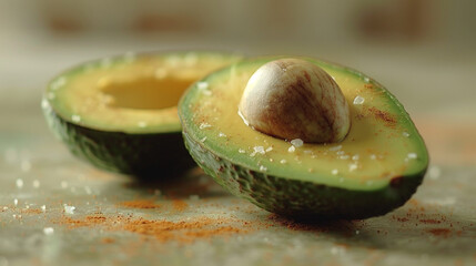 A sliced avocado on a beige background.